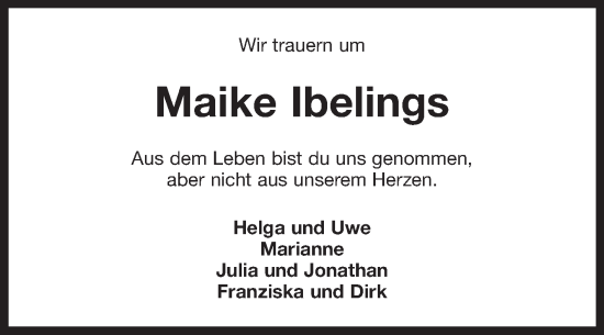 Traueranzeige von Maike Ibelings von Ostfriesischer Kurier GmbH