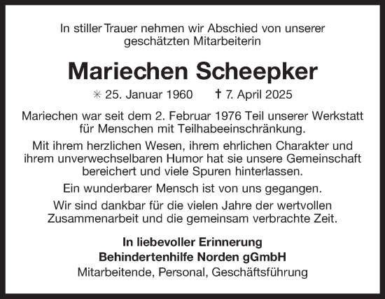 Traueranzeige von Mariechen Scheepker von Ostfriesischer Kurier GmbH