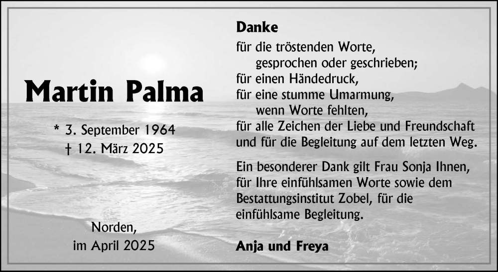  Traueranzeige für Martin Palma vom 26.04.2025 aus Ostfriesischer Kurier GmbH