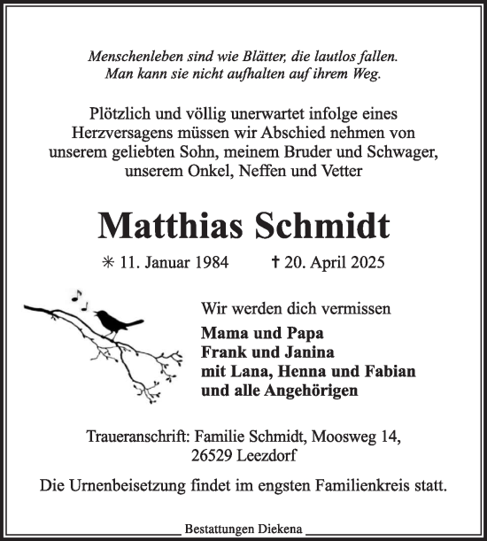 Traueranzeige von Matthias Schmidt von Ostfriesischer Kurier GmbH