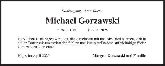 Traueranzeige von Michael Gorzawski von Ostfriesischer Kurier GmbH