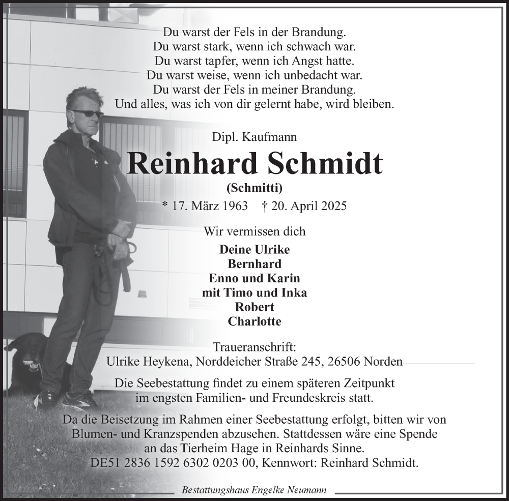  Traueranzeige für Reinhard Schmidt vom 26.04.2025 aus Ostfriesischer Kurier GmbH