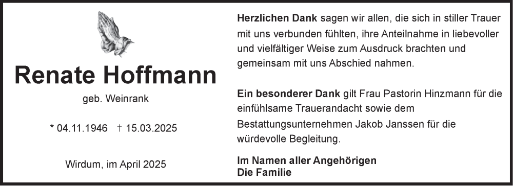  Traueranzeige für Renate Hoffmann vom 12.04.2025 aus Ostfriesischer Kurier GmbH