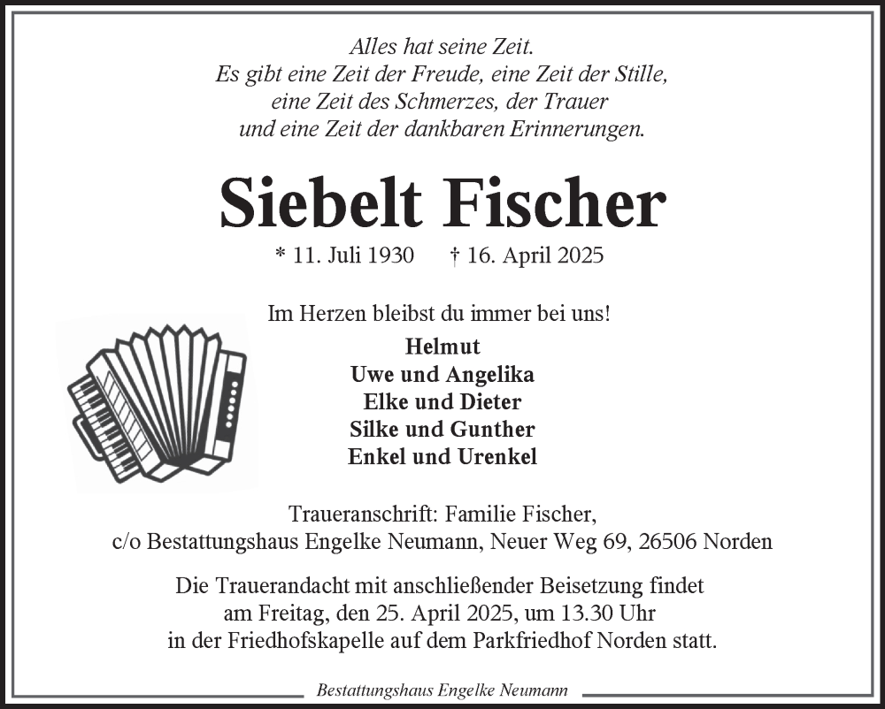  Traueranzeige für Siebelt Fischer vom 23.04.2025 aus Ostfriesischer Kurier GmbH