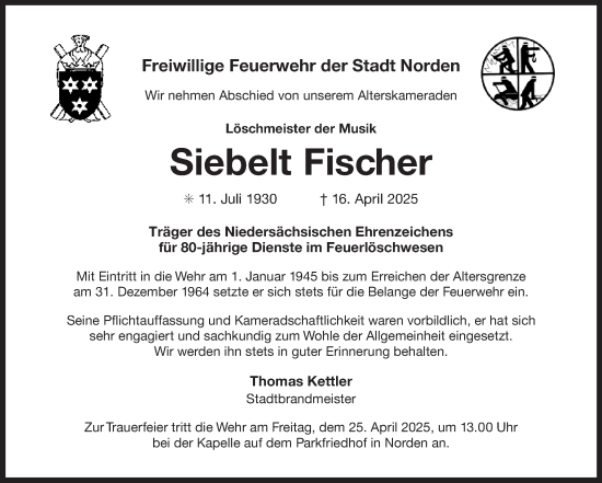 Traueranzeige von Siebelt Fischer von Ostfriesischer Kurier GmbH