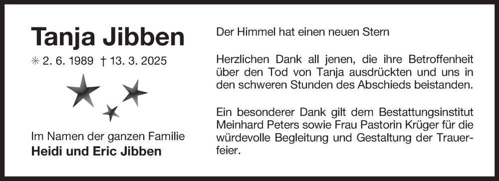  Traueranzeige für Tanja Jibben vom 12.04.2025 aus Ostfriesischer Kurier GmbH