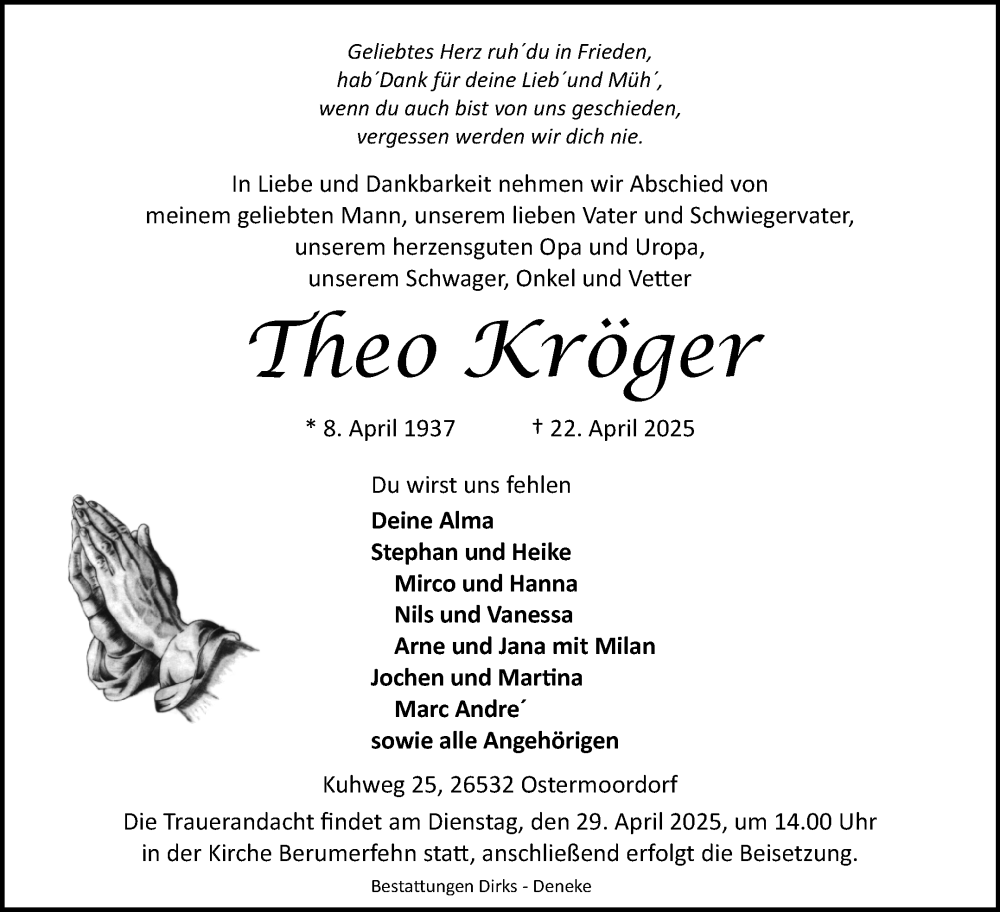  Traueranzeige für Theo Kröger vom 23.04.2025 aus Ostfriesischer Kurier GmbH
