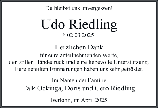 Traueranzeige von Udo Riedling von Ostfriesischer Kurier GmbH
