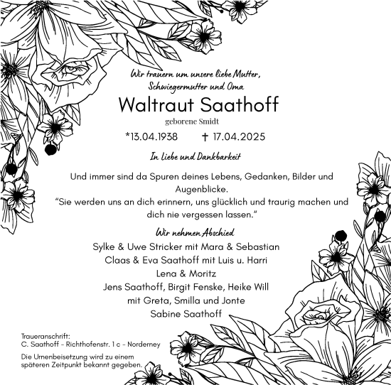 Traueranzeige von Waltraut Saathoff von Ostfriesischer Kurier GmbH