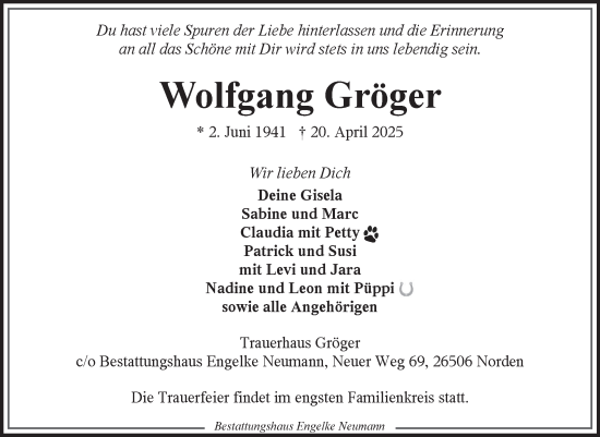 Traueranzeige von Wolfgang Gröger von Ostfriesischer Kurier GmbH