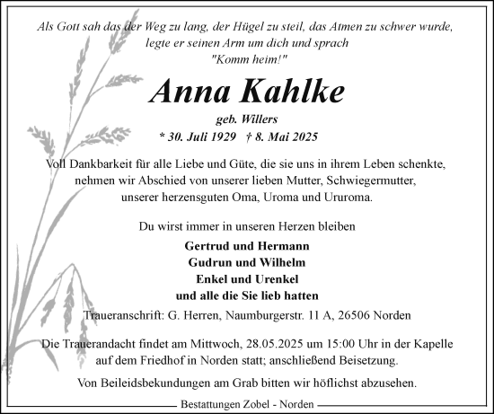 Traueranzeige von Anna Kahlke von Ostfriesischer Kurier GmbH