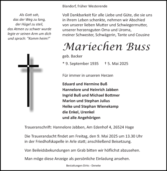 Traueranzeige von Mariechen Buss von Ostfriesischer Kurier GmbH