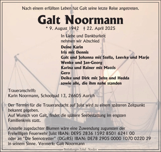 Traueranzeige von Galt Noormann von Ostfriesischer Kurier GmbH