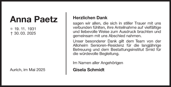 Traueranzeige von Anna Paetz von Ostfriesischer Kurier GmbH