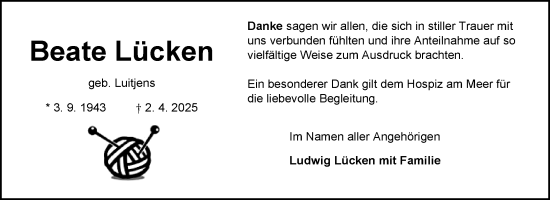 Traueranzeige von Beate Lücken von Ostfriesischer Kurier GmbH