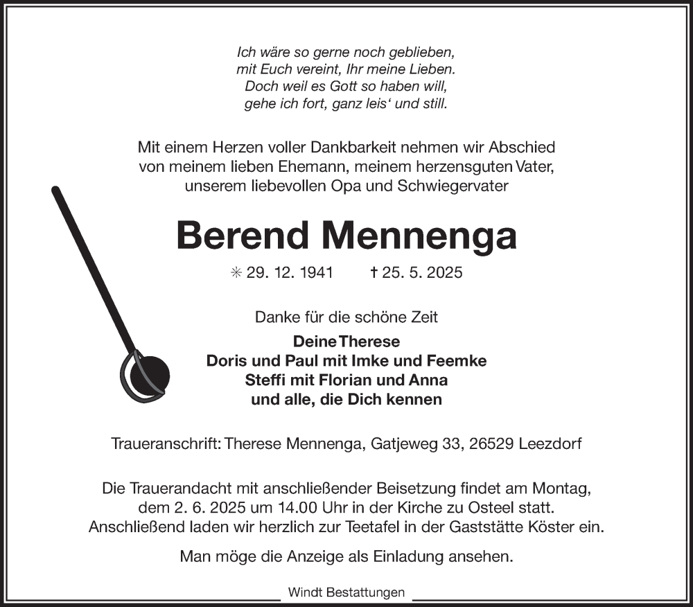  Traueranzeige für Berend Mennenga vom 28.05.2025 aus Ostfriesischer Kurier GmbH