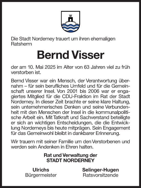 Traueranzeige von Bernd Visser von Ostfriesischer Kurier GmbH