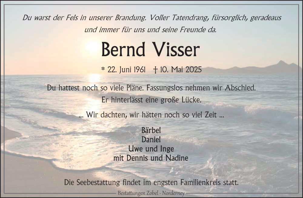  Traueranzeige für Bernd Visser vom 14.05.2025 aus Ostfriesischer Kurier GmbH