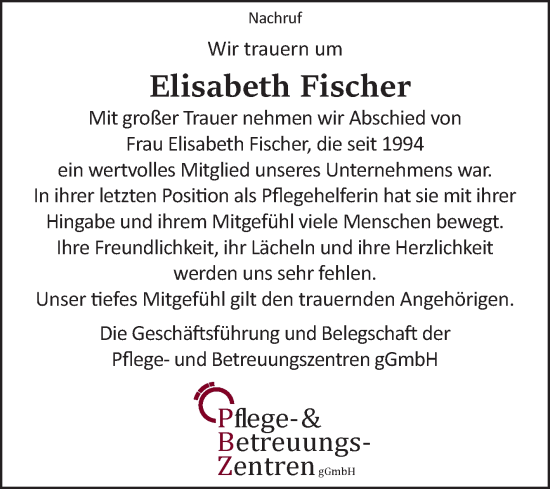 Traueranzeige von Elisabeth Fischer von Ostfriesischer Kurier GmbH