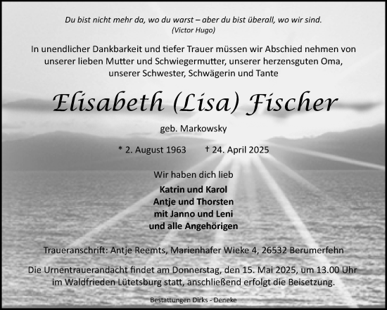 Traueranzeige von Elisabeth Fischer von Ostfriesischer Kurier GmbH