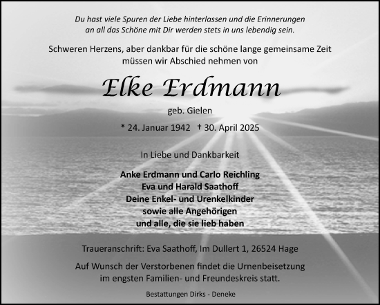 Traueranzeige von Elke Erdmann von Ostfriesischer Kurier GmbH