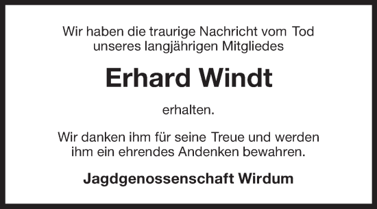 Traueranzeige von Erhard Windt von Ostfriesischer Kurier GmbH