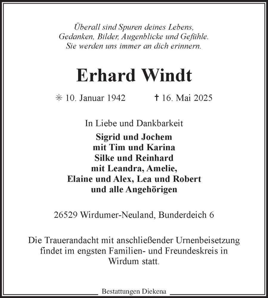  Traueranzeige für Erhard Windt vom 20.05.2025 aus Ostfriesischer Kurier GmbH