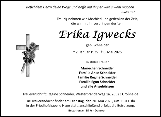 Traueranzeige von Erika Igwecks von Ostfriesischer Kurier GmbH