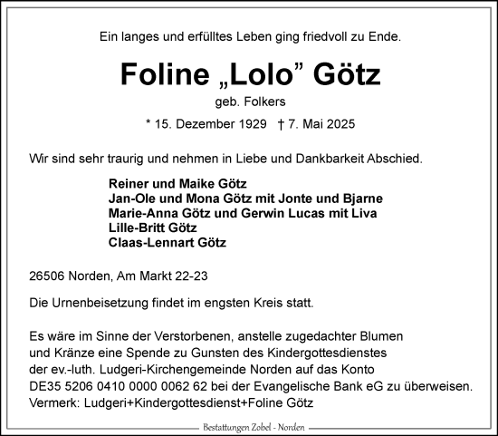 Traueranzeige von Foline Götz von Ostfriesischer Kurier GmbH
