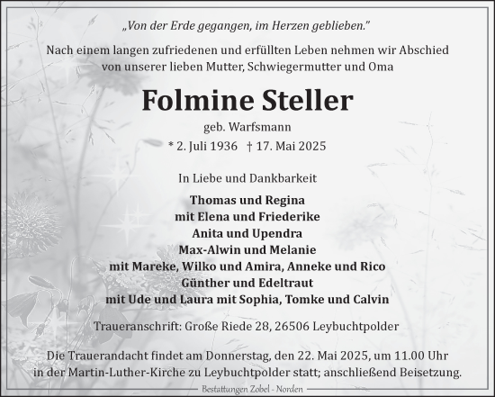 Traueranzeige von Folmine Steller von Ostfriesischer Kurier GmbH
