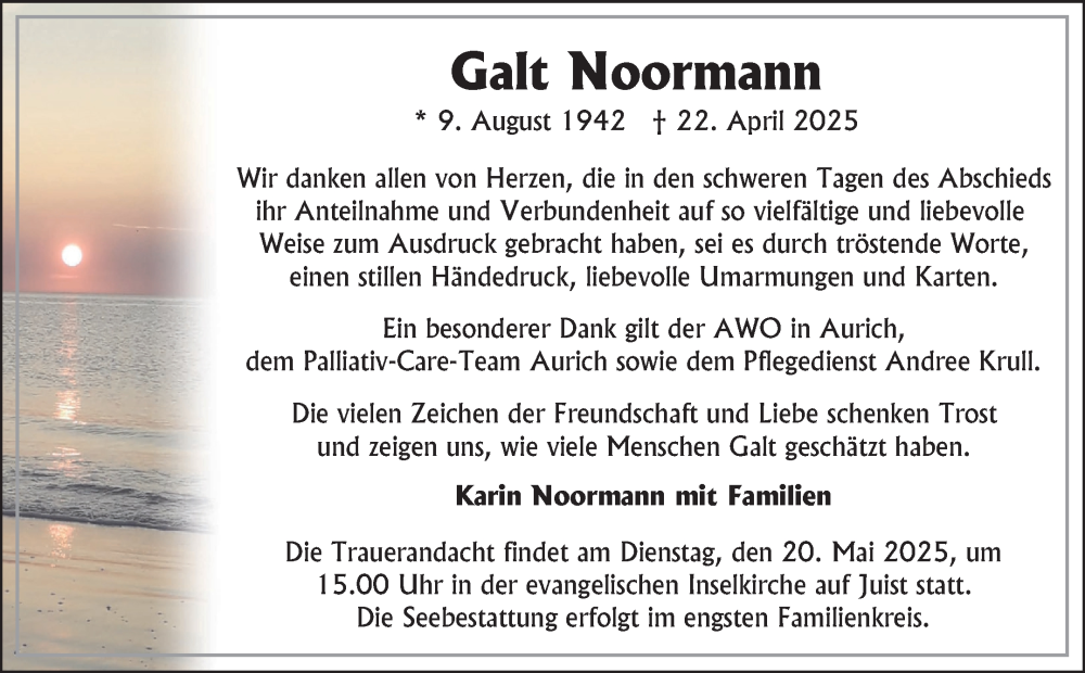  Traueranzeige für Galt Noormann vom 17.05.2025 aus Ostfriesischer Kurier GmbH