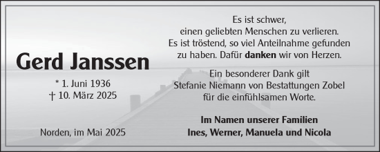 Traueranzeige von Gerd Janssen von Ostfriesischer Kurier GmbH