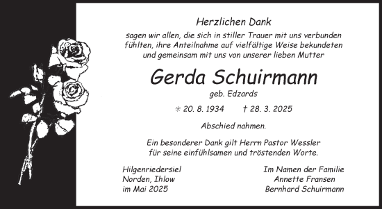 Traueranzeige von Gerda Schuirmann von Ostfriesischer Kurier GmbH