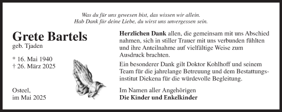 Traueranzeige von Grete Bartels von Ostfriesischer Kurier GmbH
