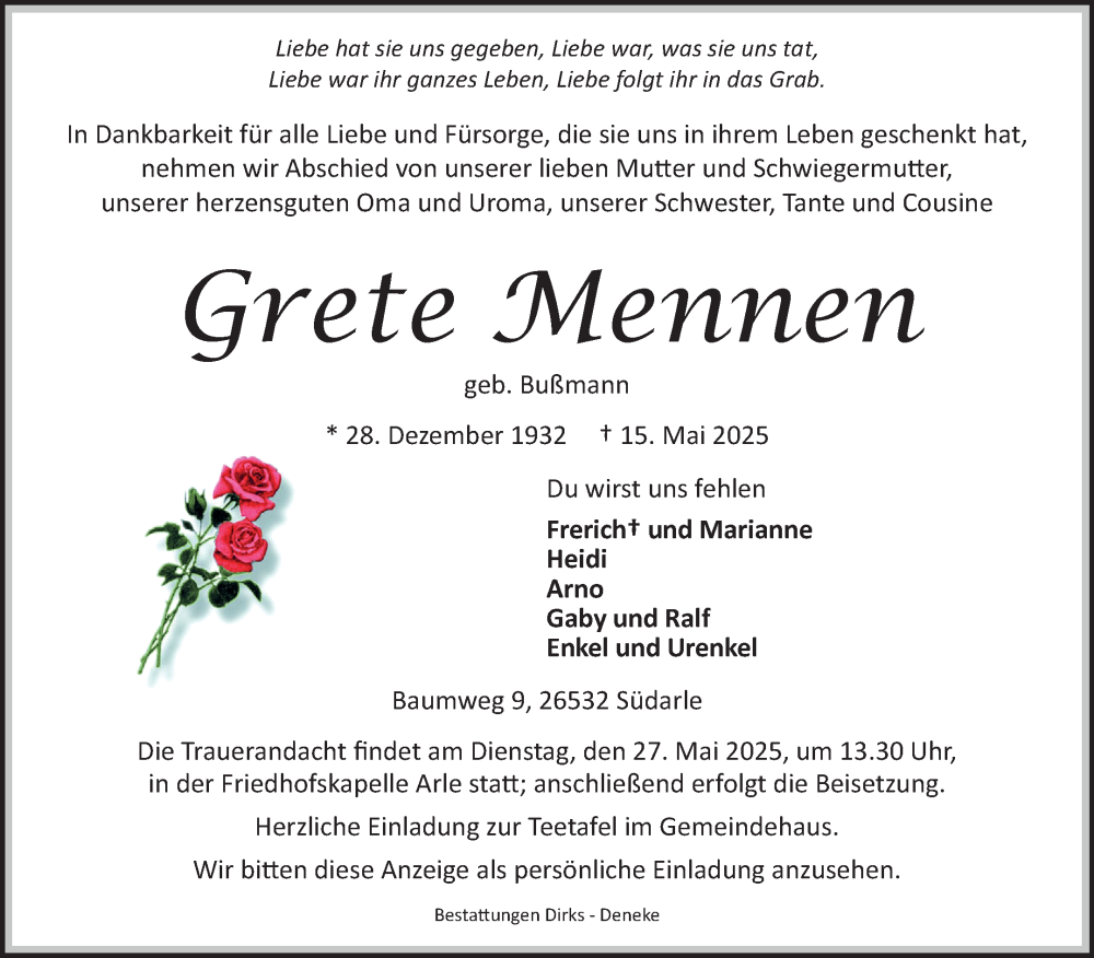 Traueranzeige für Grete Mennen vom 22.05.2025 aus Ostfriesischer Kurier GmbH
