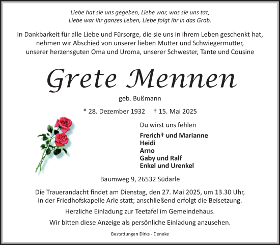 Traueranzeige von Grete Mennen von Ostfriesischer Kurier GmbH