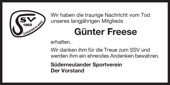 Traueranzeige von Günter Freese von Ostfriesischer Kurier GmbH