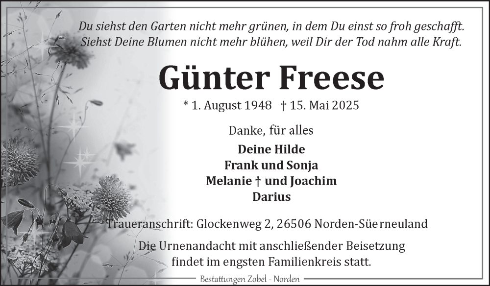  Traueranzeige für Günter Freese vom 17.05.2025 aus Ostfriesischer Kurier GmbH