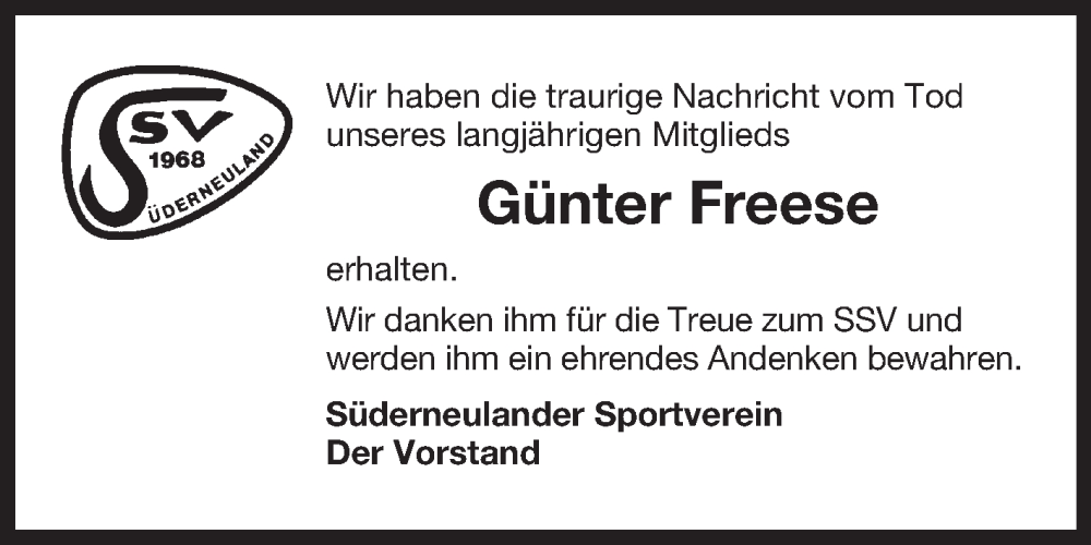 Traueranzeige für Günter Freese vom 20.05.2025 aus Ostfriesischer Kurier GmbH