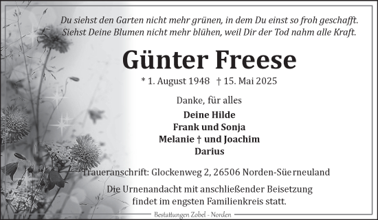 Traueranzeige von Günter Freese von Ostfriesischer Kurier GmbH