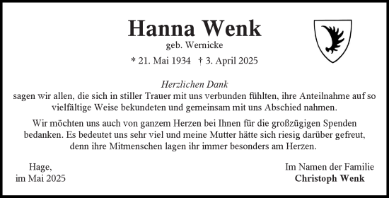 Traueranzeige von Hanna Wenk von Ostfriesischer Kurier GmbH