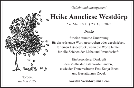 Traueranzeige von Heike Anneliese Westdörp von Ostfriesischer Kurier GmbH