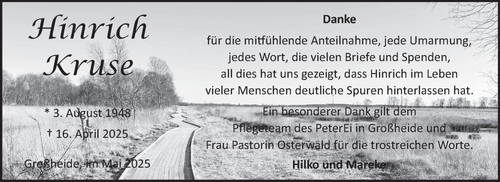  Traueranzeige für Hinrich Kruse vom 24.05.2025 aus Ostfriesischer Kurier GmbH