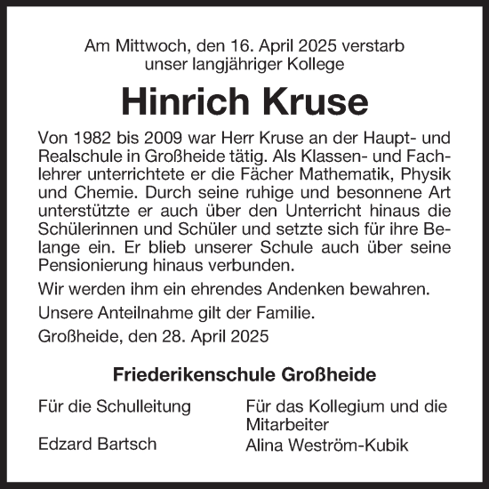 Traueranzeige von Hinrich Kruse von Ostfriesischer Kurier GmbH
