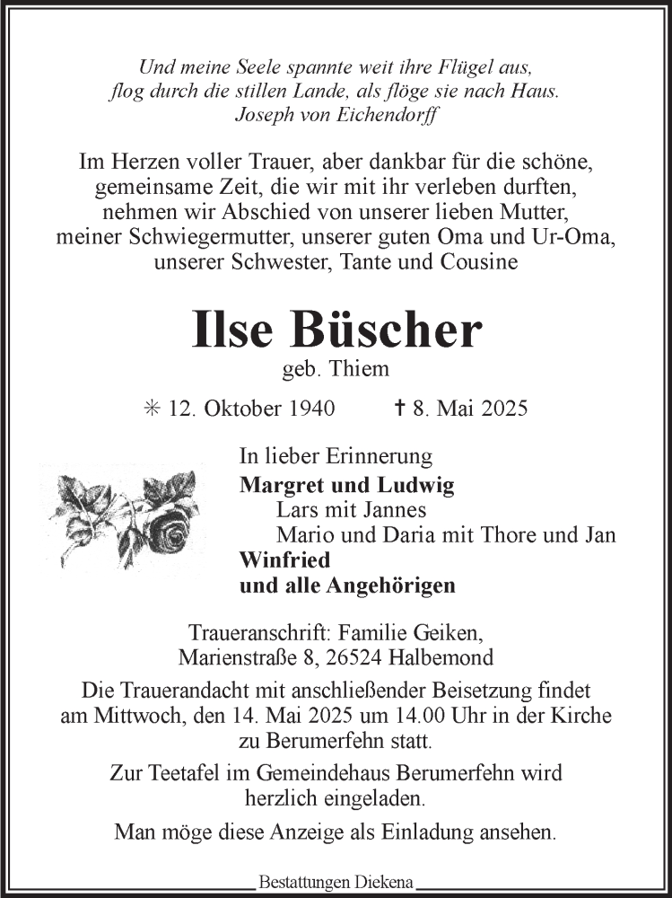  Traueranzeige für Ilse Büscher vom 10.05.2025 aus Ostfriesischer Kurier GmbH