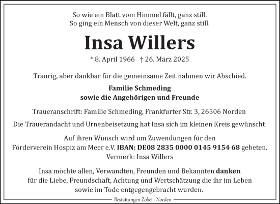 Traueranzeige von Insa Willers von Ostfriesischer Kurier GmbH