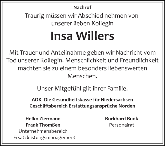 Traueranzeige von Insa Willers von Ostfriesischer Kurier GmbH