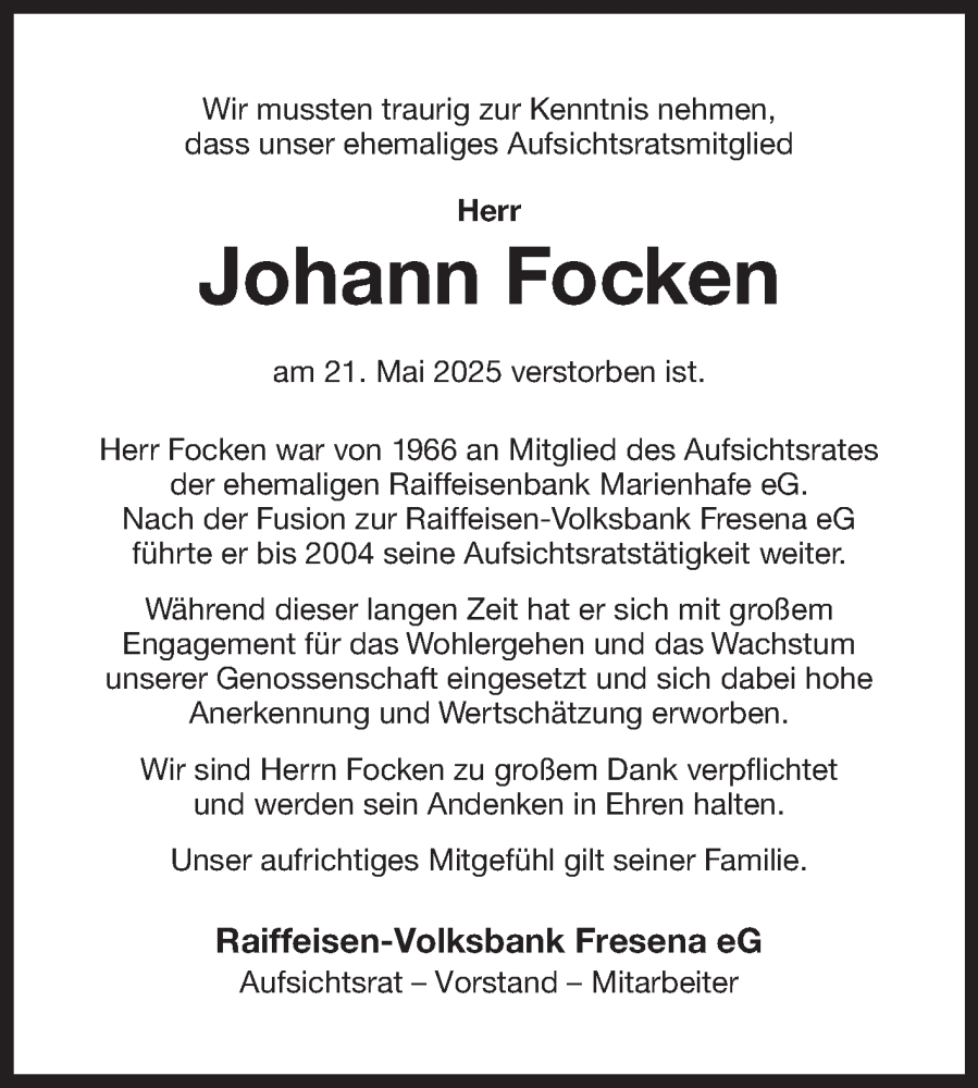  Traueranzeige für Johann Focken vom 28.05.2025 aus Ostfriesischer Kurier GmbH