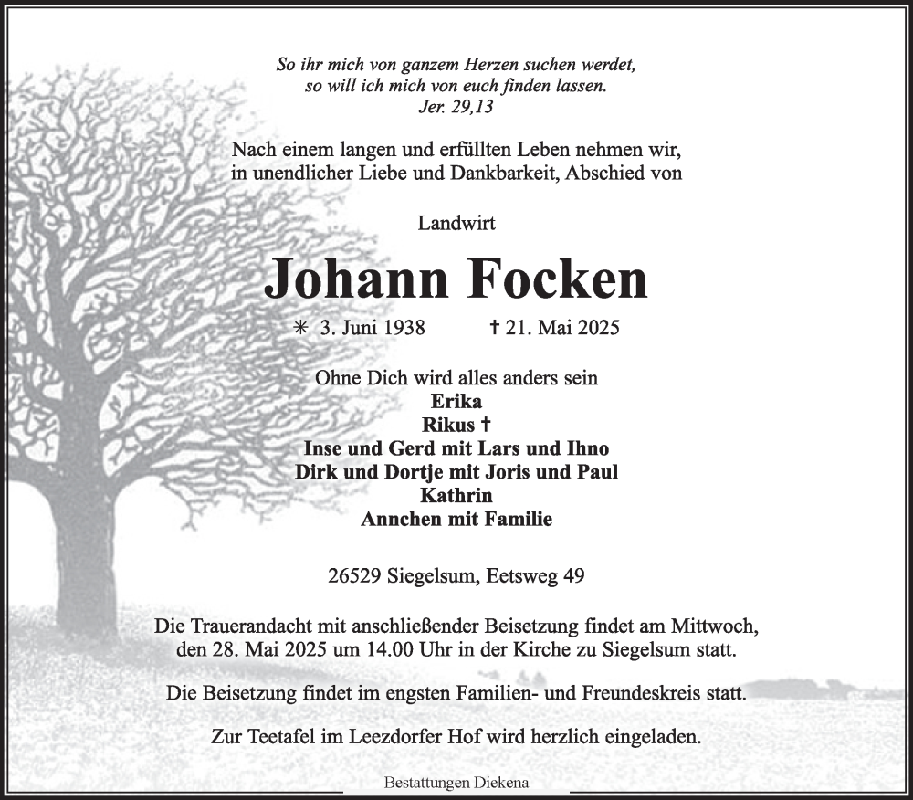  Traueranzeige für Johann Focken vom 24.05.2025 aus Ostfriesischer Kurier GmbH