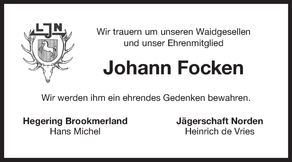  Traueranzeige für Johann Focken vom 24.05.2025 aus Ostfriesischer Kurier GmbH